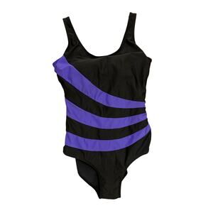 Vintage 1980s Style Black Purple One Piece Swimsuit Large 12 Tall